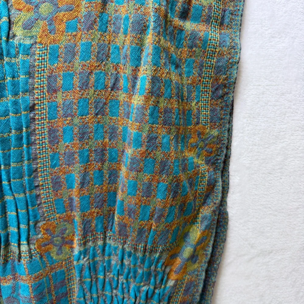 Sudha 100% Wool Scarf Turquoise Orange Green Floral Geometric Fringe Shawl India